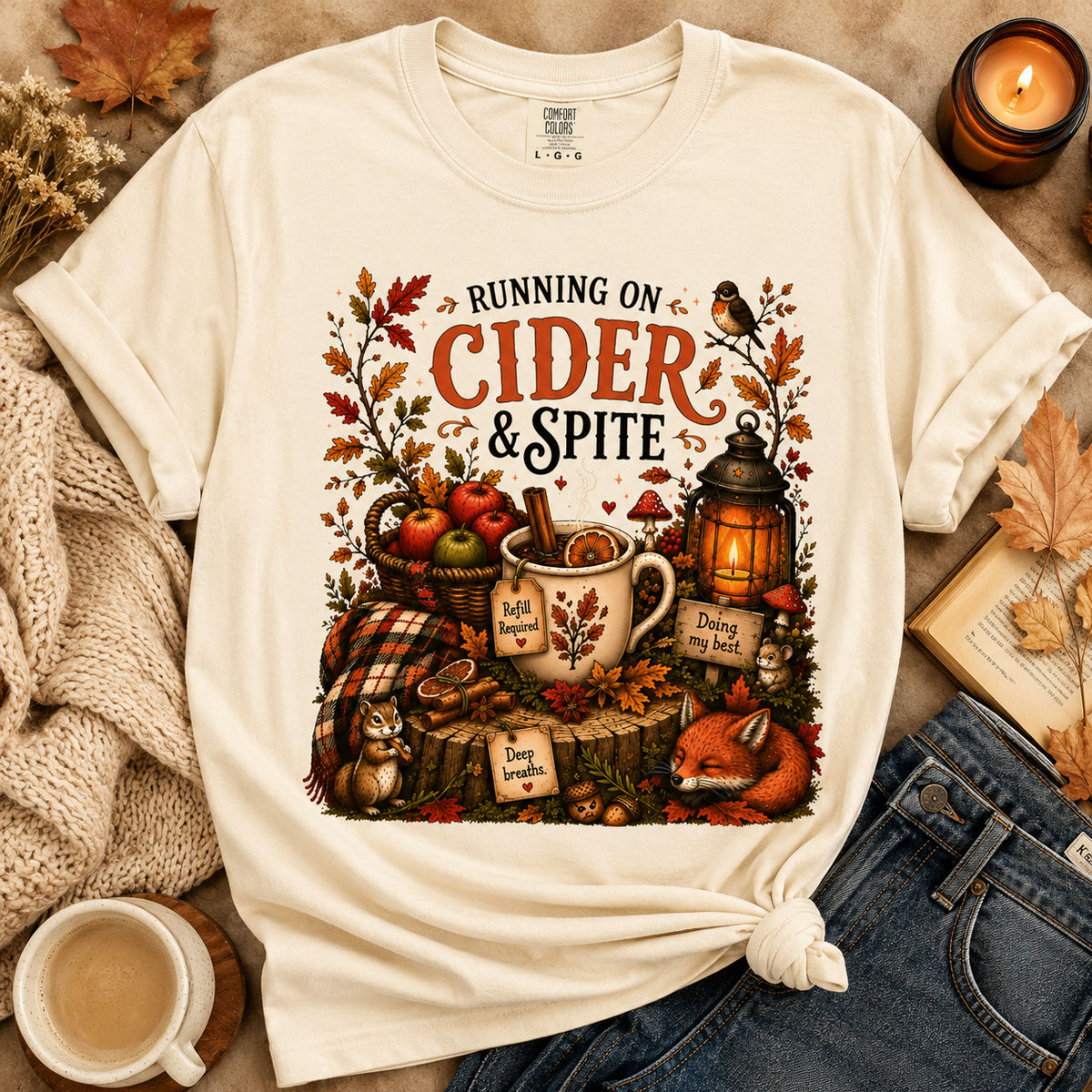 Running on Cider & Spite Funny Fall Aesthetic Tee
