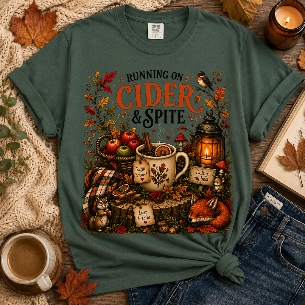 Running on Cider & Spite Funny Fall Aesthetic Tee