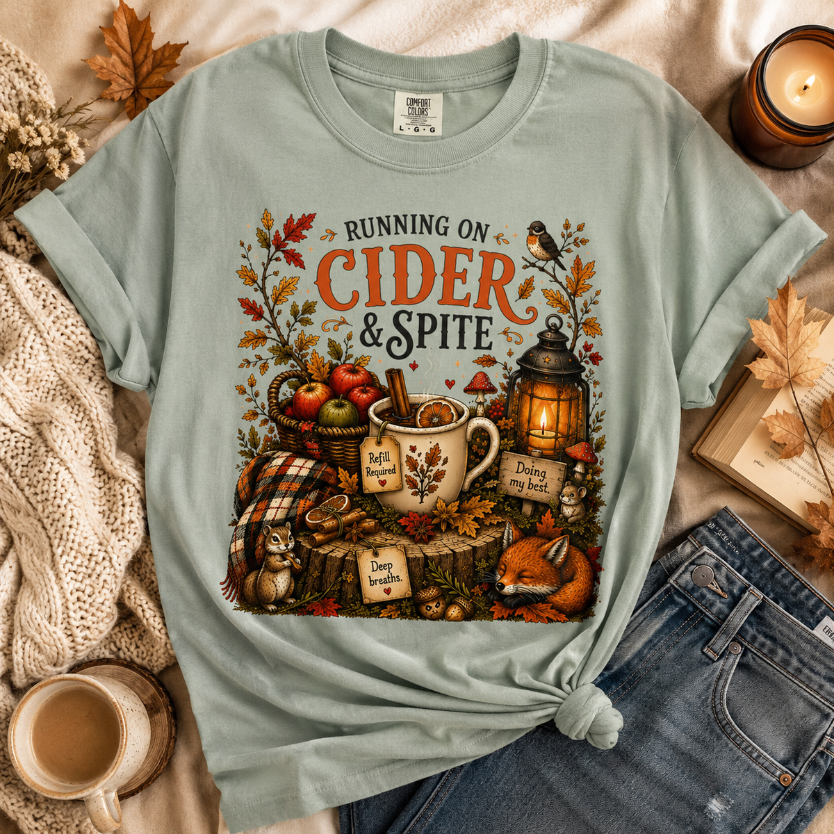 Running on Cider & Spite Funny Fall Aesthetic Tee