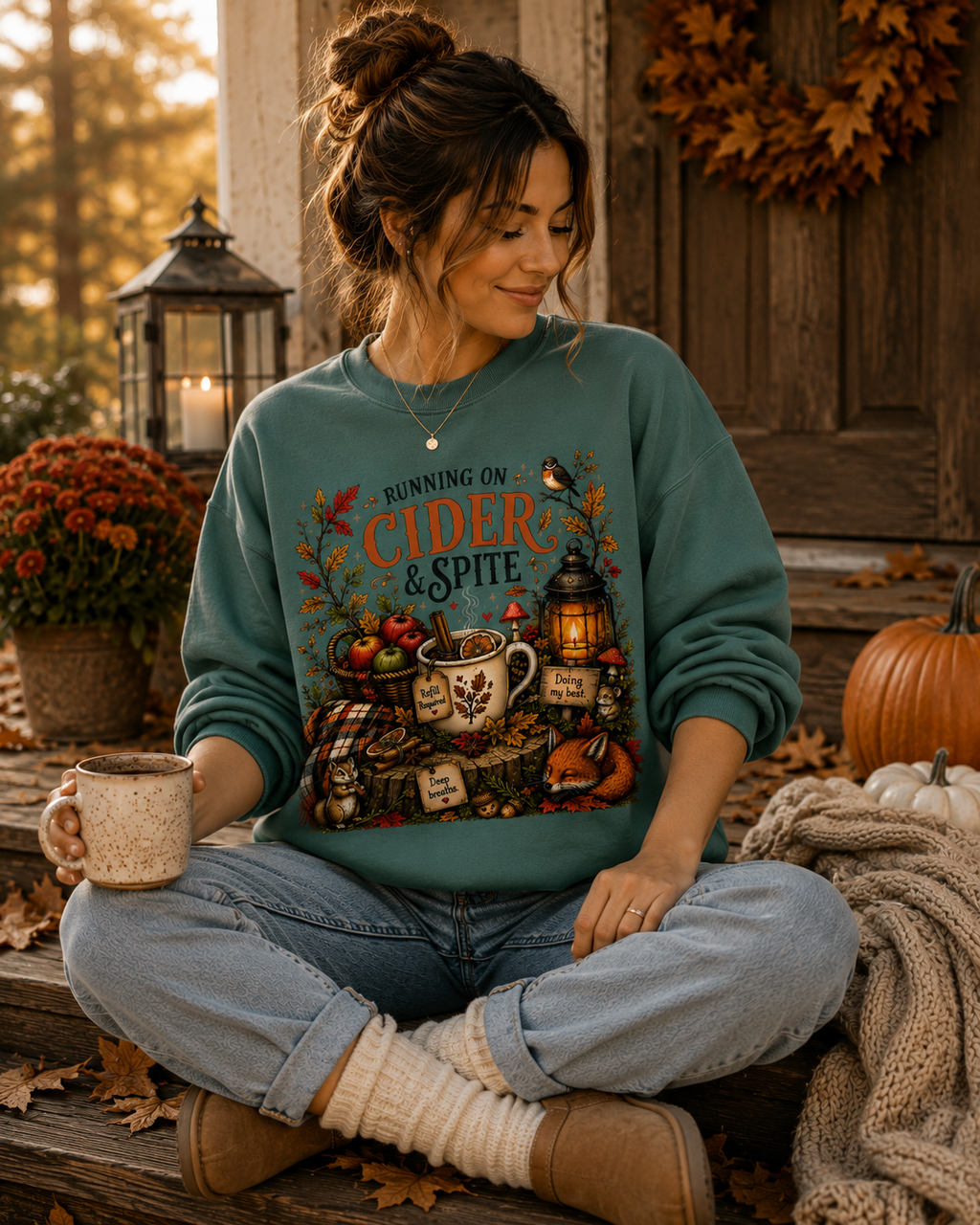 Running on Cider & Spite Cozy Funny Fall Sweatshirt