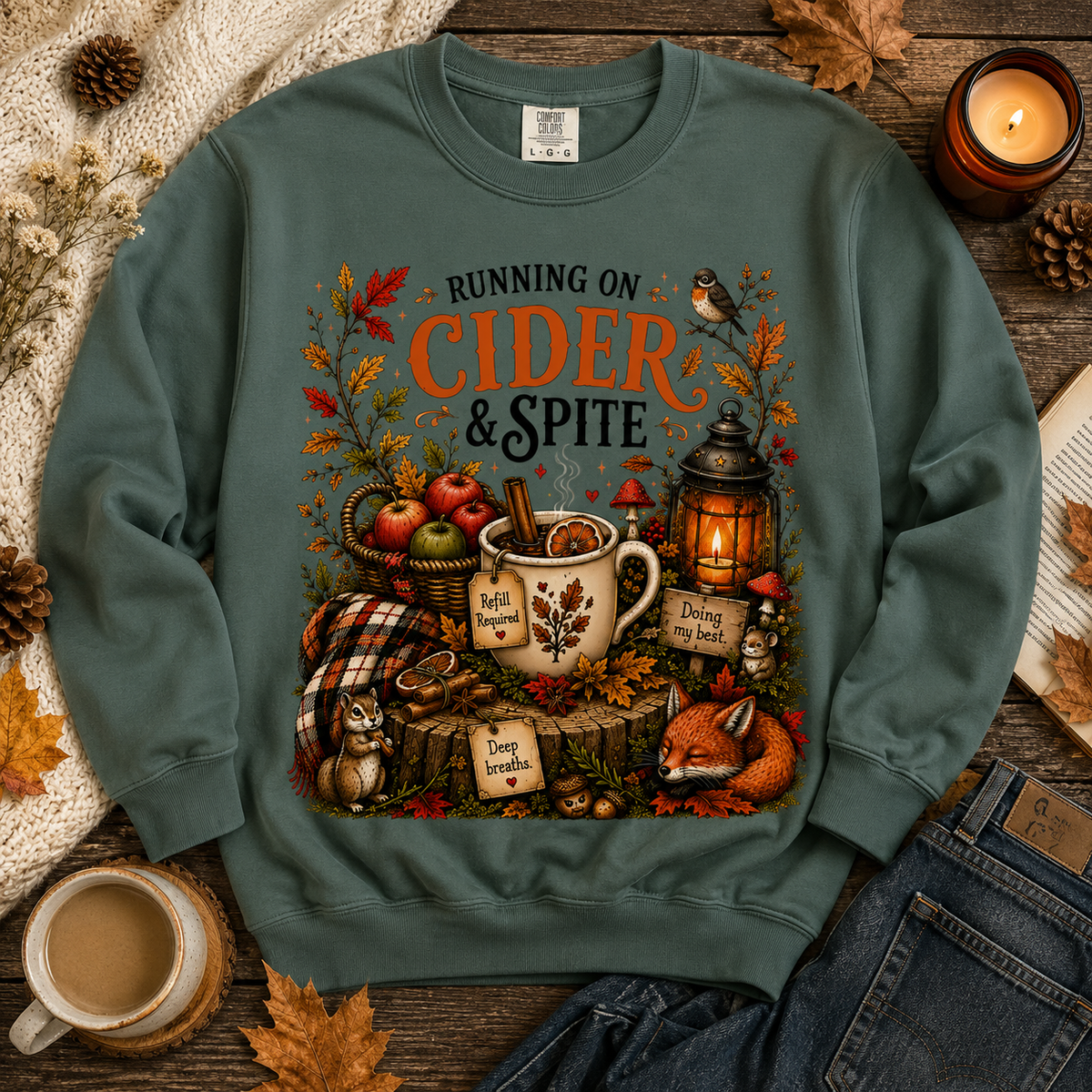 Running on Cider & Spite Cozy Funny Fall Sweatshirt