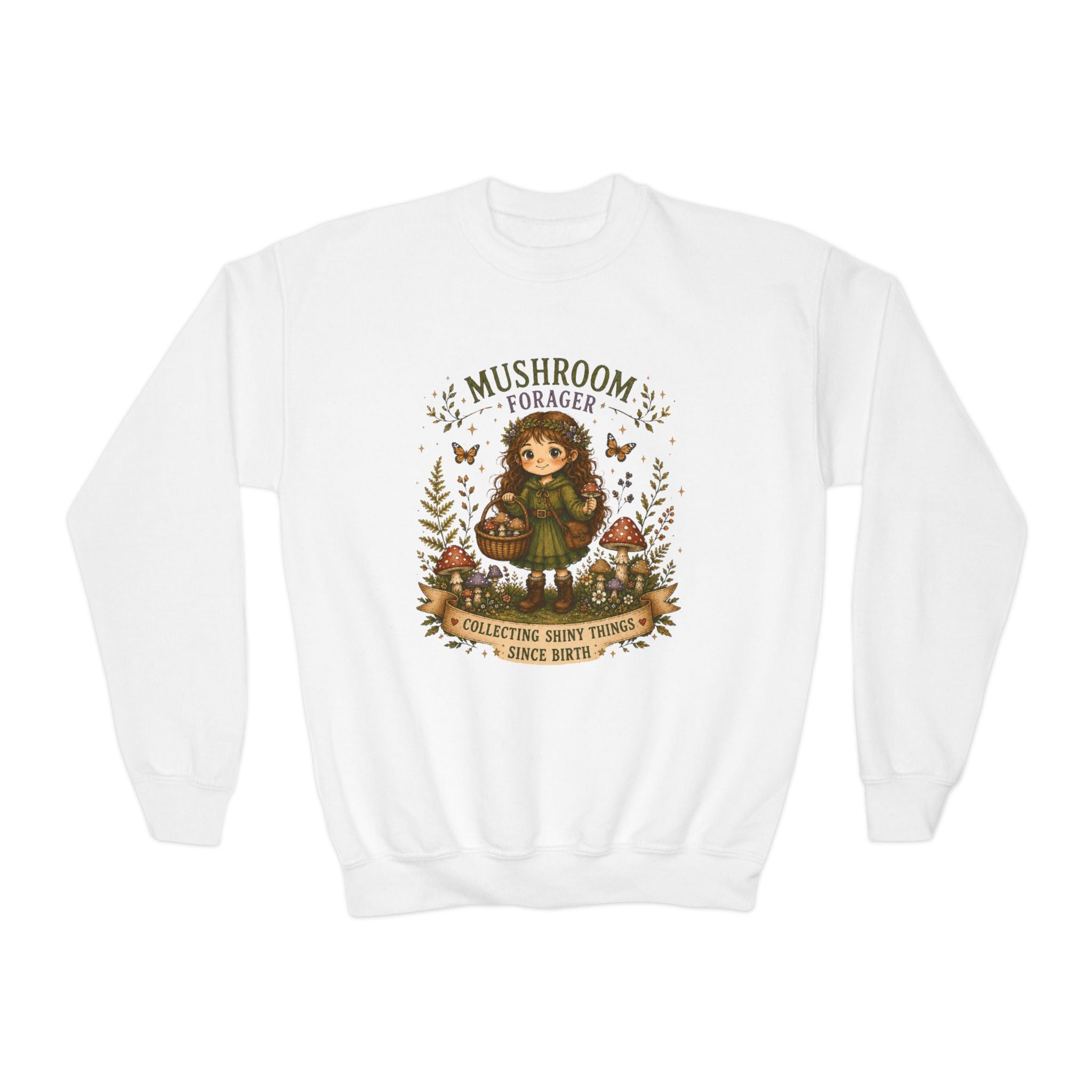 Youth Girls Mushroom Forager Crewneck Sweatshirt – Cute Woodland Kids Pullover