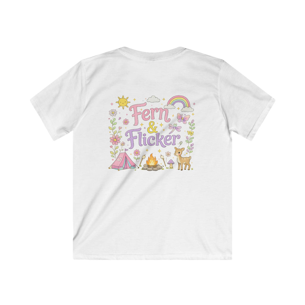 Kids Tee - "Fern & Flicker" Camping Nature Graphic Tee for Girls (Pastel Adventure, Deer & Campfire)