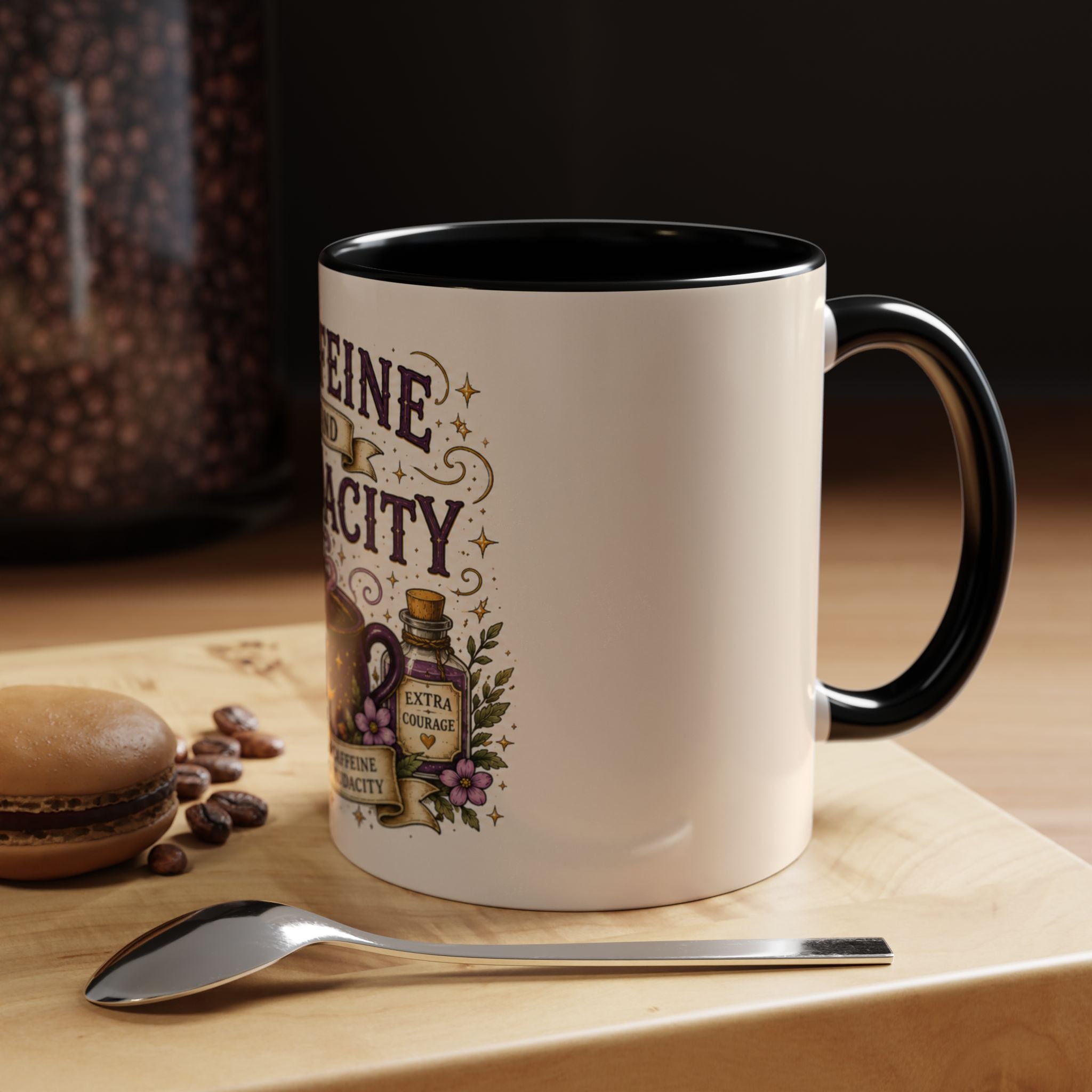 Caffeine and Audacity Coffee Mug — 11/15oz Accent Ceramic Mug (witchy, floral coffee design)