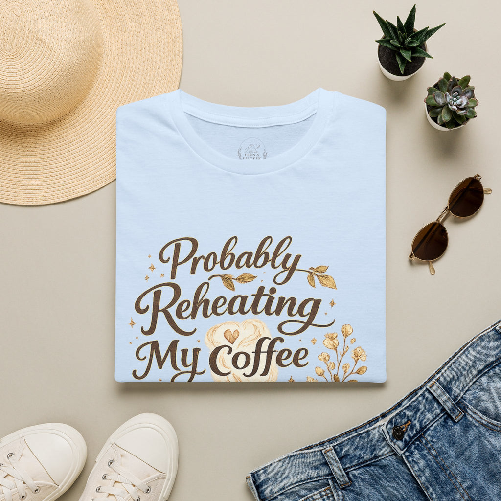 Coffee T‑Shirt — "Probably Reheating My Coffee" Cozy Floral Mug Tee