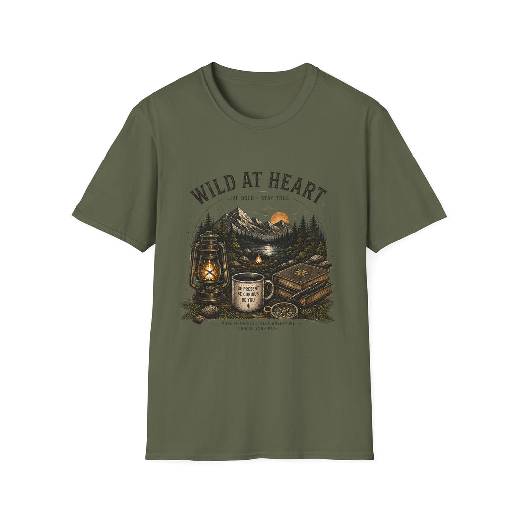 Wild At Heart T-Shirt — Mountain Sunset Adventure Tee ("Live Bold • Stay True")