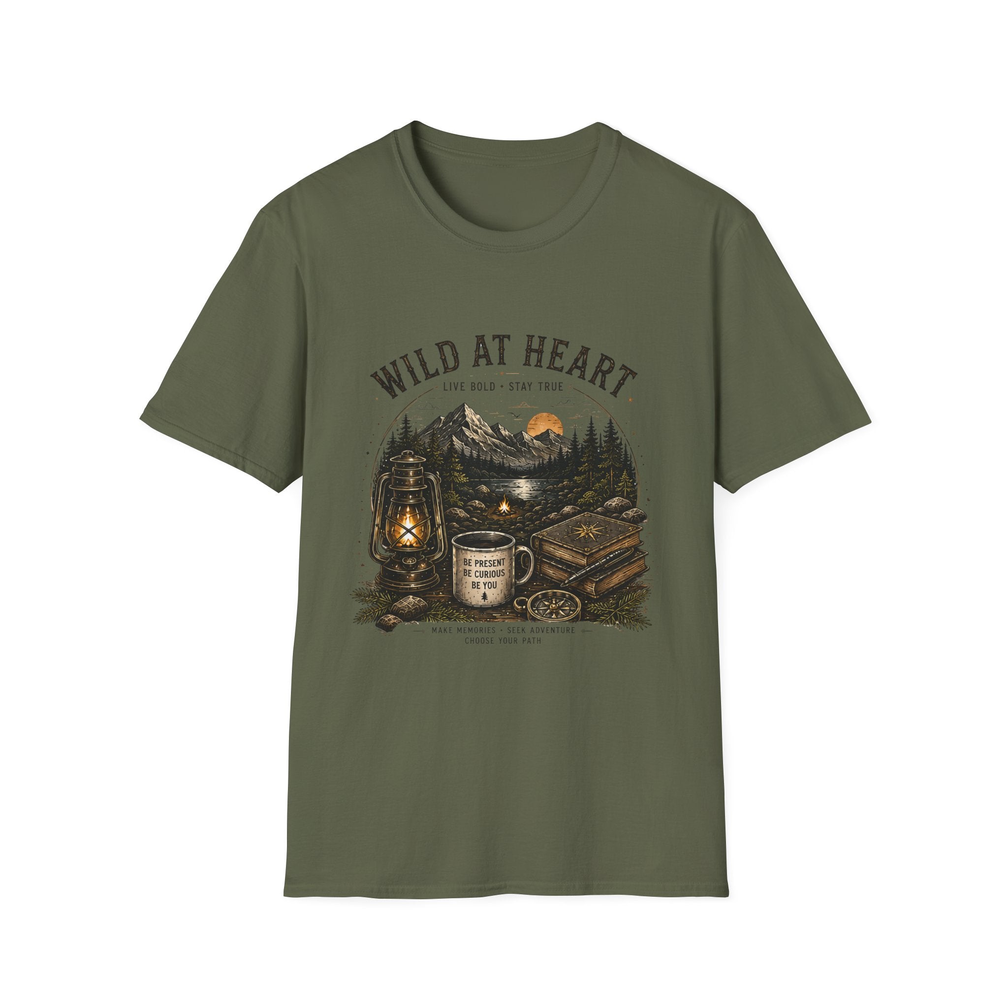 Wild At Heart T-Shirt — Mountain Sunset Adventure Tee ("Live Bold • Stay True")