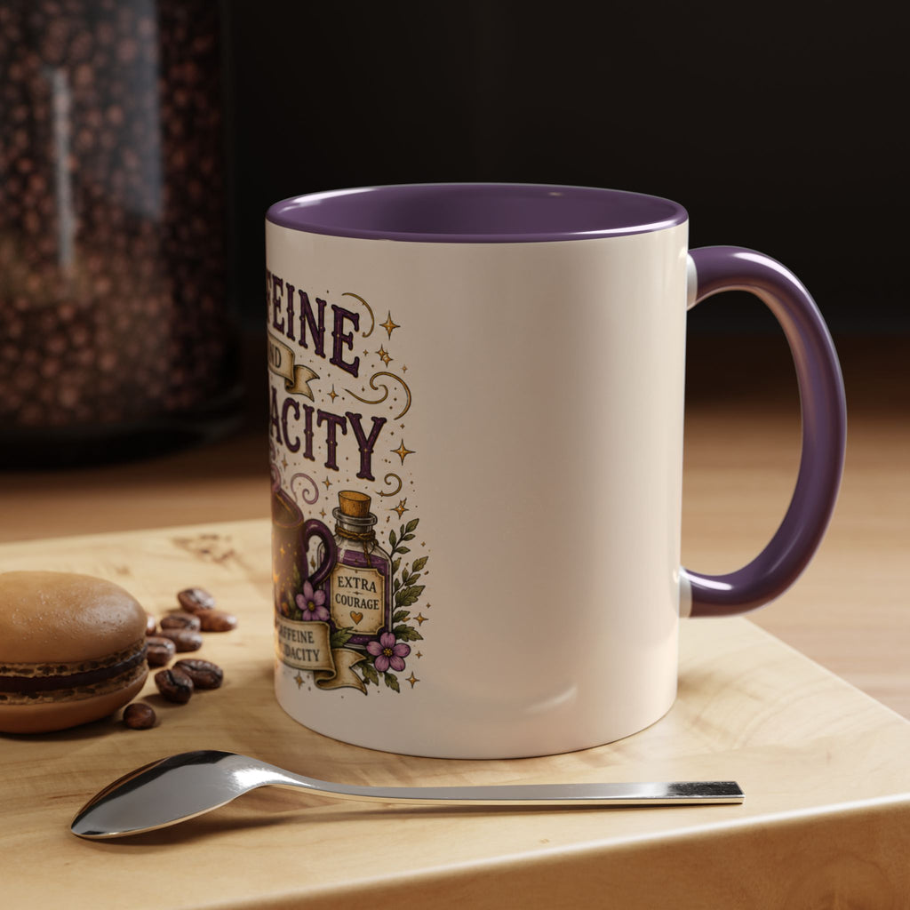 Caffeine and Audacity Coffee Mug — 11/15oz Accent Ceramic Mug (witchy, floral coffee design)