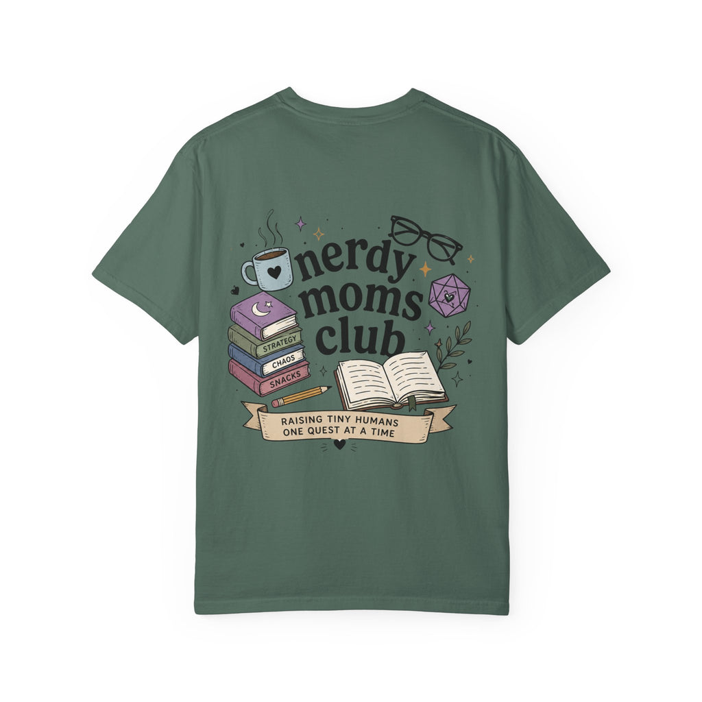 Colorful Nerdy Moms Club T-Shirt — Graphic "Raising Tiny Humans One Quest at a Time" Tee