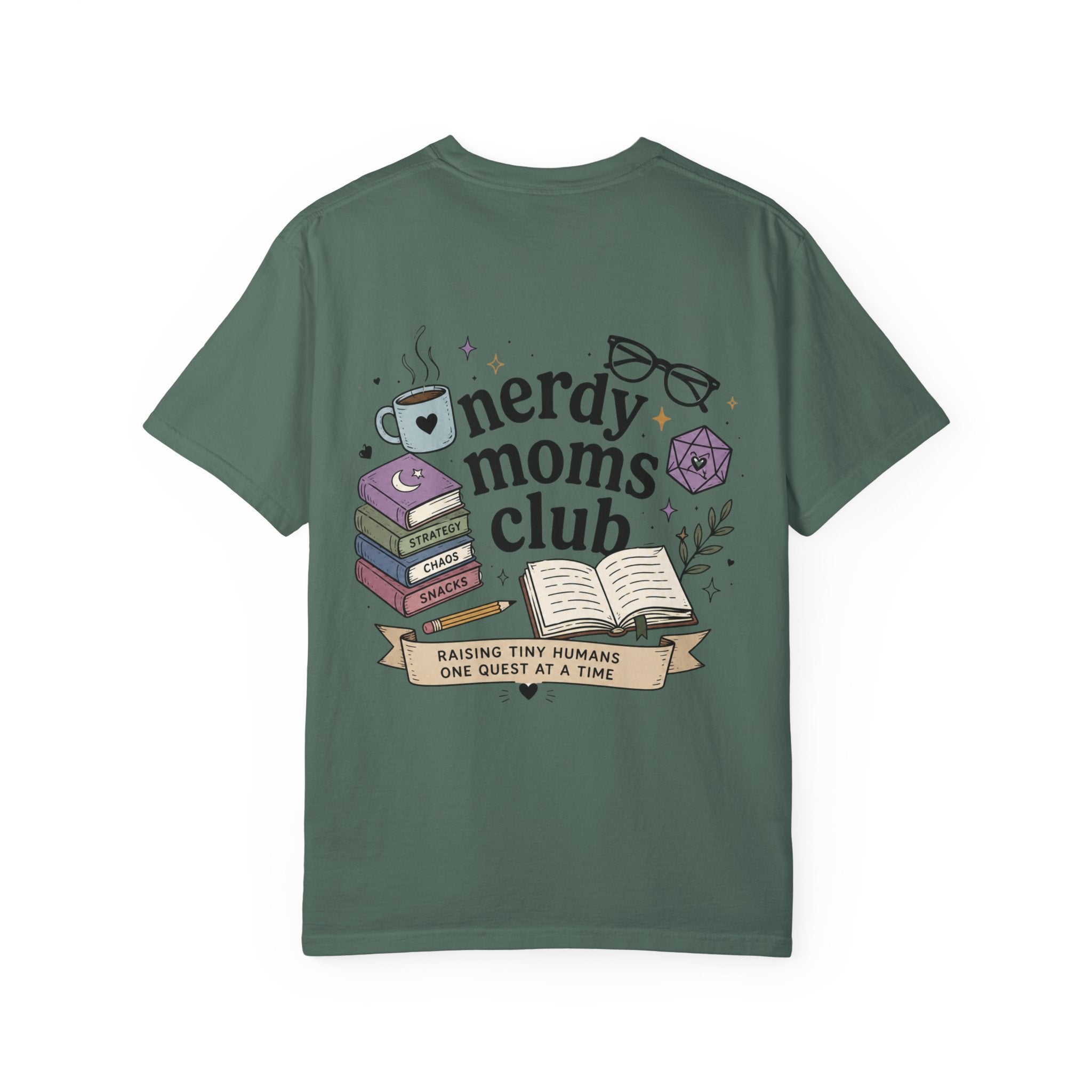 Colorful Nerdy Moms Club T-Shirt — Graphic "Raising Tiny Humans One Quest at a Time" Tee