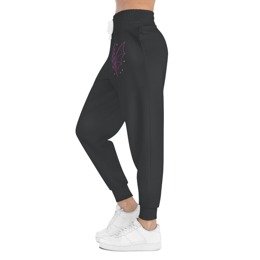 Fern & Flicker Joggers — Black Athletic Joggers with Purple Dragon Wing Plant Graphic