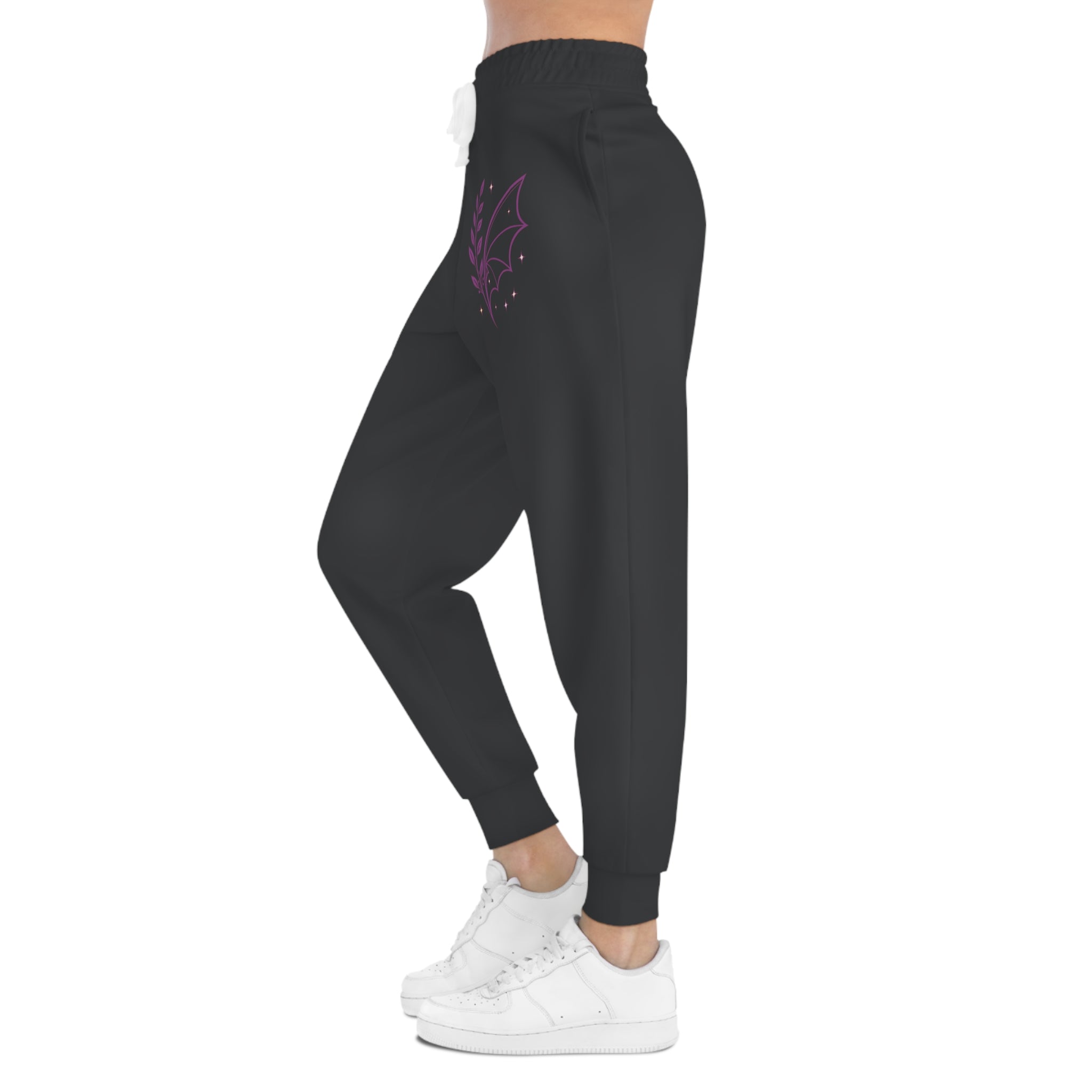 Fern & Flicker Joggers — Black Athletic Joggers with Purple Dragon Wing Plant Graphic
