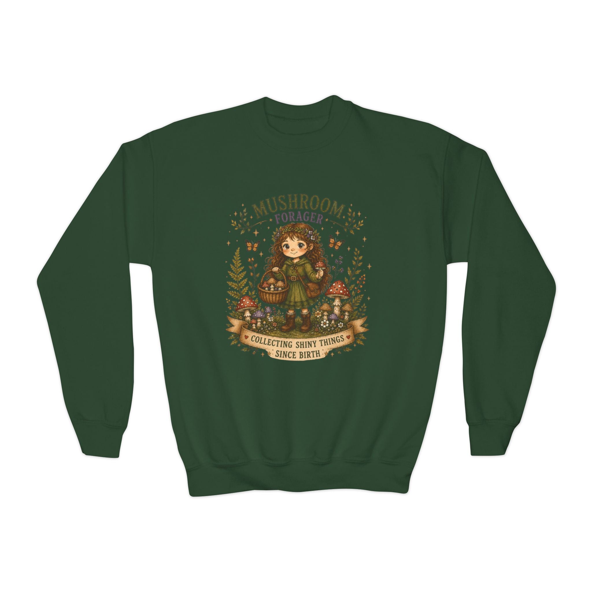 Youth Girls Mushroom Forager Crewneck Sweatshirt – Cute Woodland Kids Pullover
