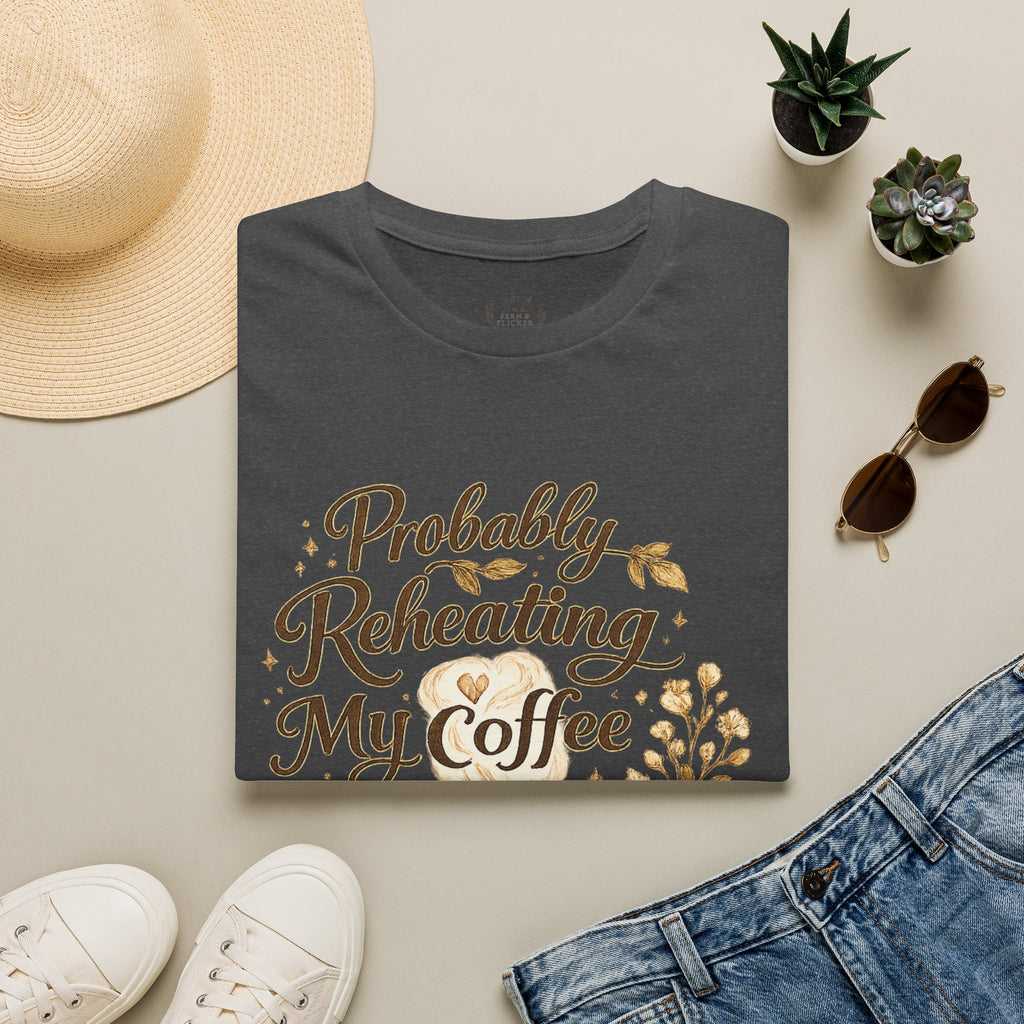 Coffee T‑Shirt — "Probably Reheating My Coffee" Cozy Floral Mug Tee