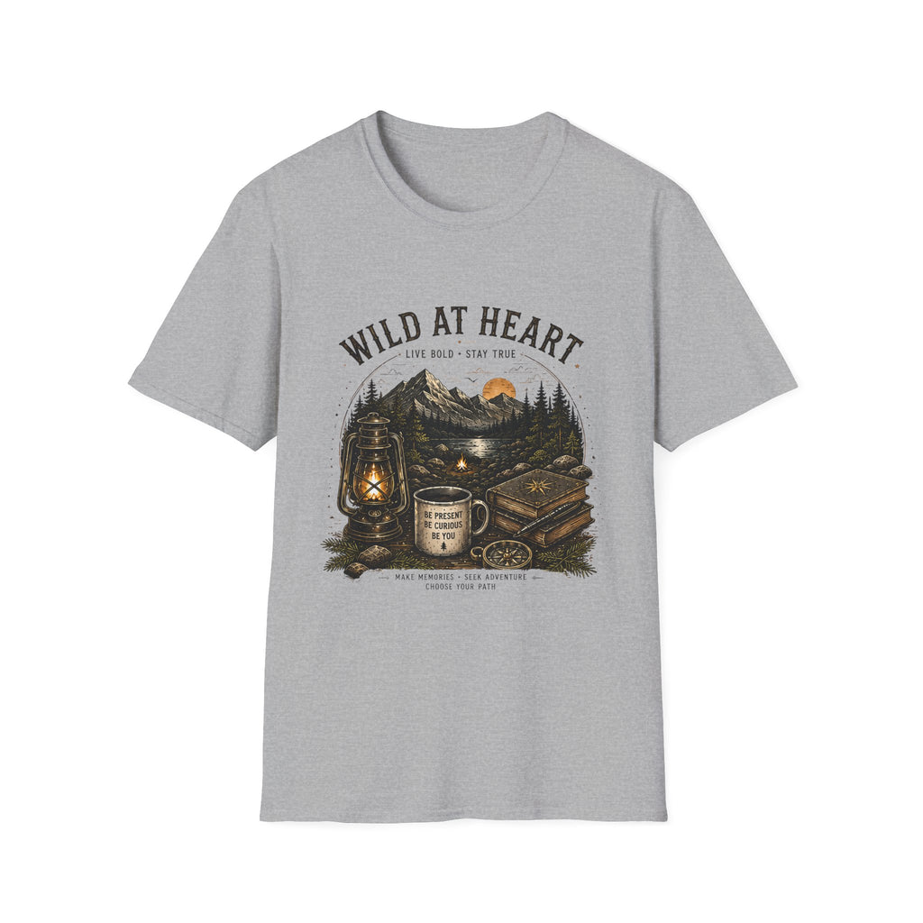 Wild At Heart T-Shirt — Mountain Sunset Adventure Tee ("Live Bold • Stay True")