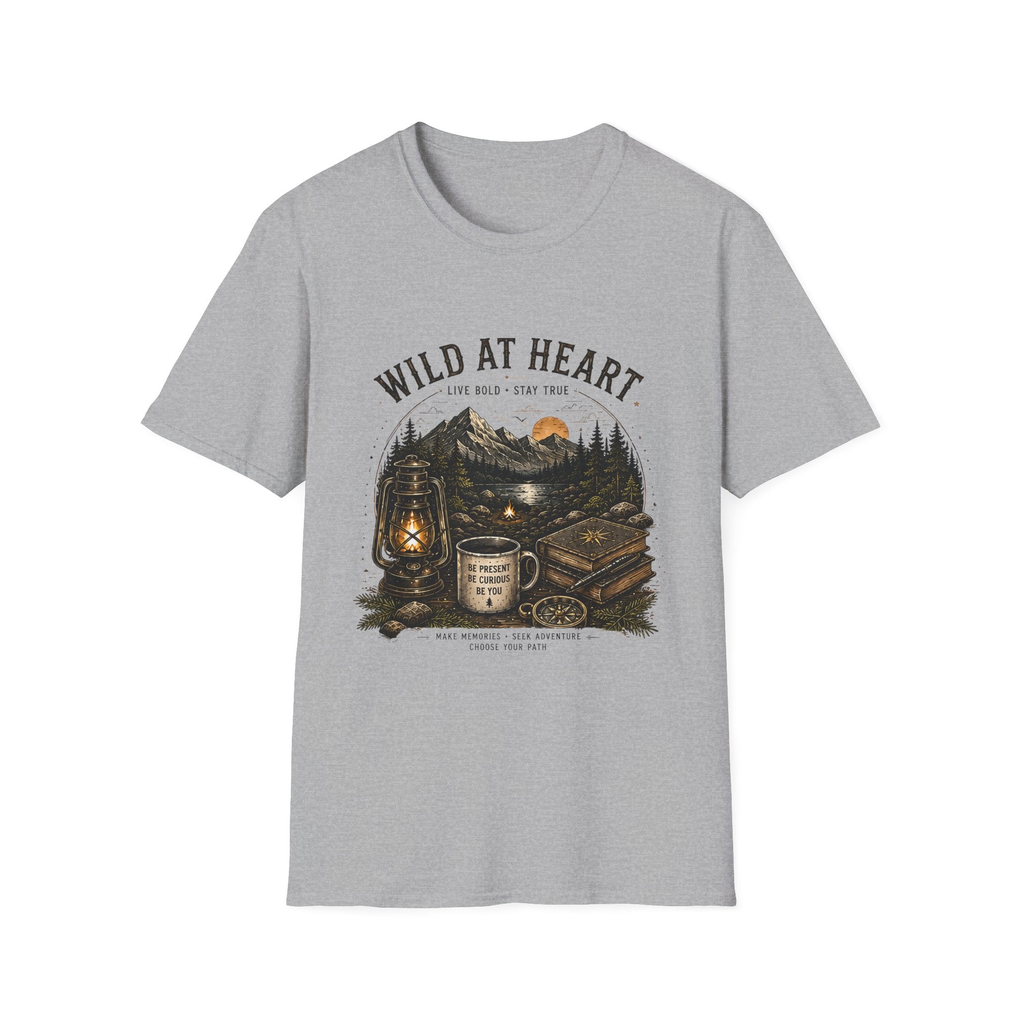 Wild At Heart T-Shirt — Mountain Sunset Adventure Tee ("Live Bold • Stay True")