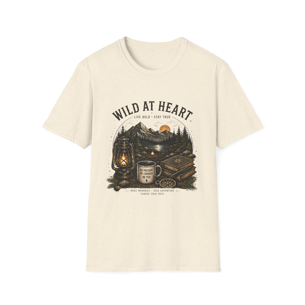 Wild At Heart T-Shirt — Mountain Sunset Adventure Tee ("Live Bold • Stay True")