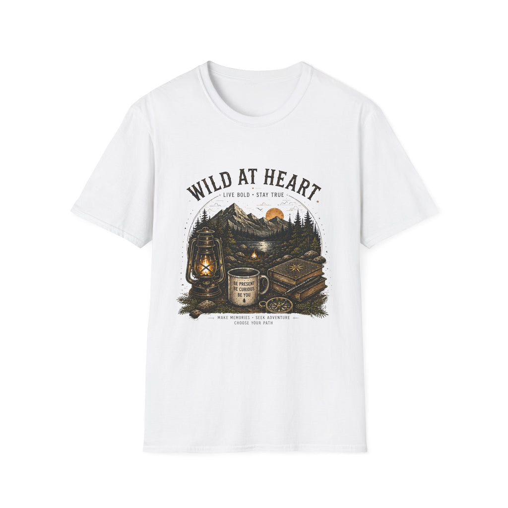 Wild At Heart T-Shirt — Mountain Sunset Adventure Tee ("Live Bold • Stay True")