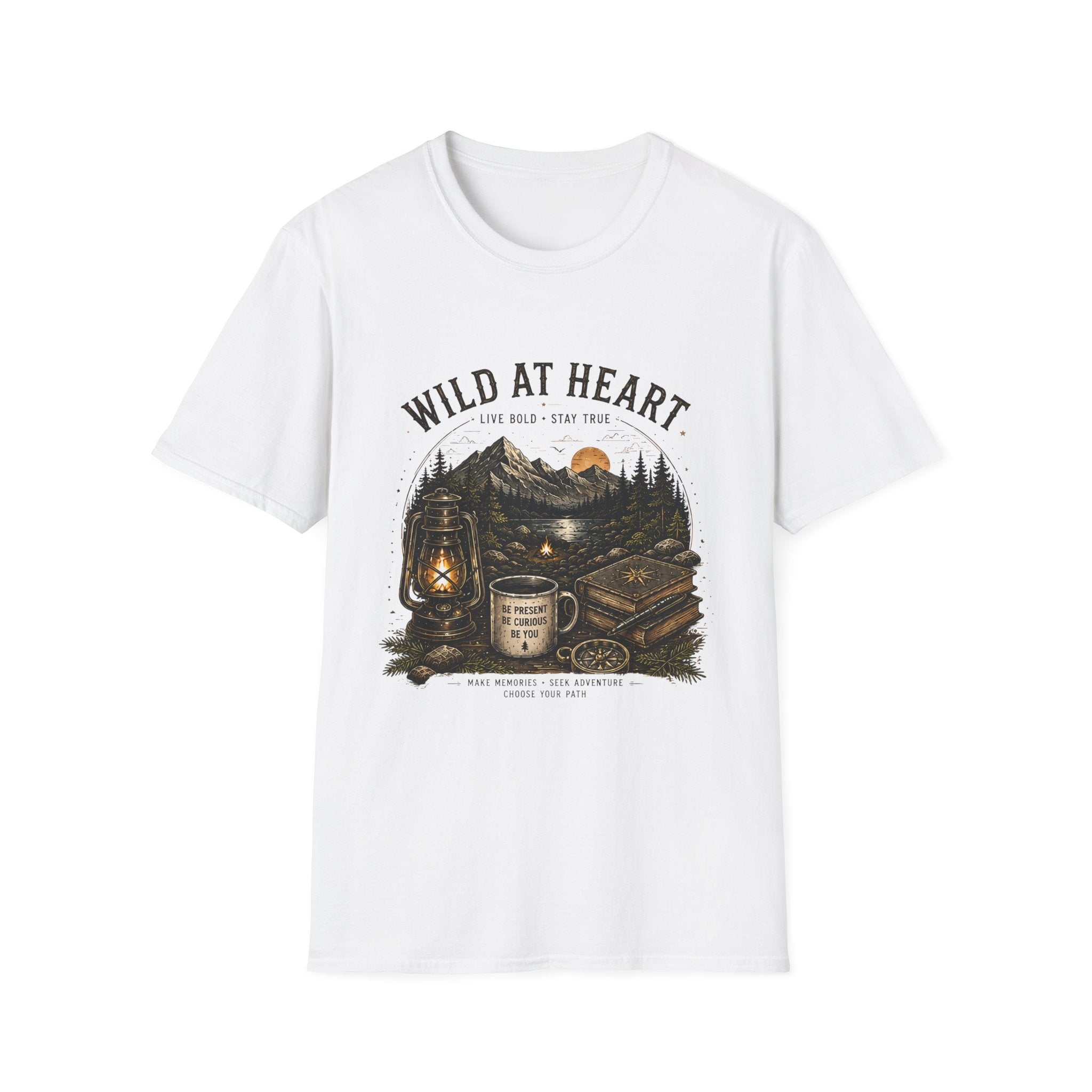 Wild At Heart T-Shirt — Mountain Sunset Adventure Tee ("Live Bold • Stay True")