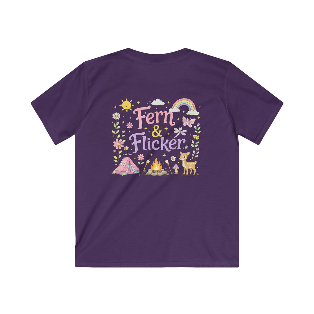Kids Tee - "Fern & Flicker" Camping Nature Graphic Tee for Girls (Pastel Adventure, Deer & Campfire)