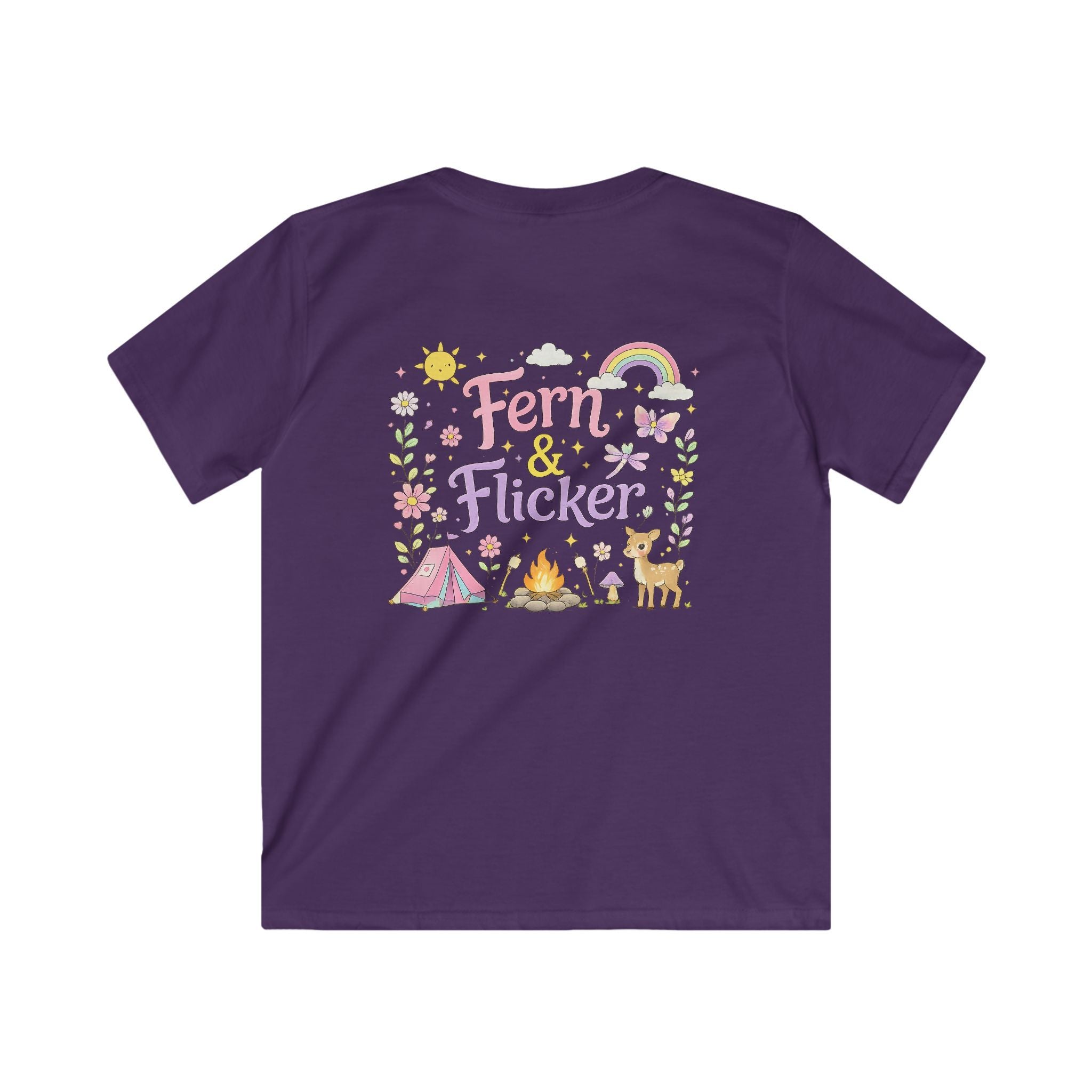 Kids Tee - "Fern & Flicker" Camping Nature Graphic Tee for Girls (Pastel Adventure, Deer & Campfire)