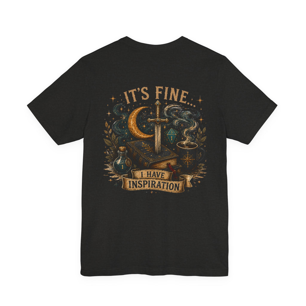 “It’s Fine I Have Inspiration” Sword & Books Fantasy Graphic T‑Shirt