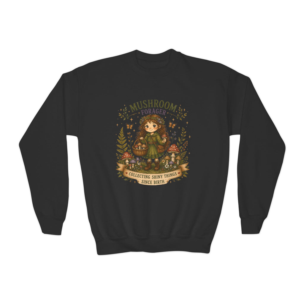 Youth Girls Mushroom Forager Crewneck Sweatshirt – Cute Woodland Kids Pullover