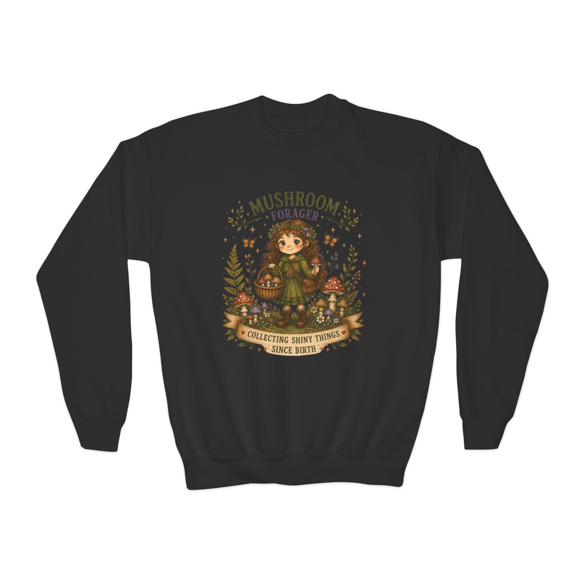 Youth Girls Mushroom Forager Crewneck Sweatshirt – Cute Woodland Kids Pullover