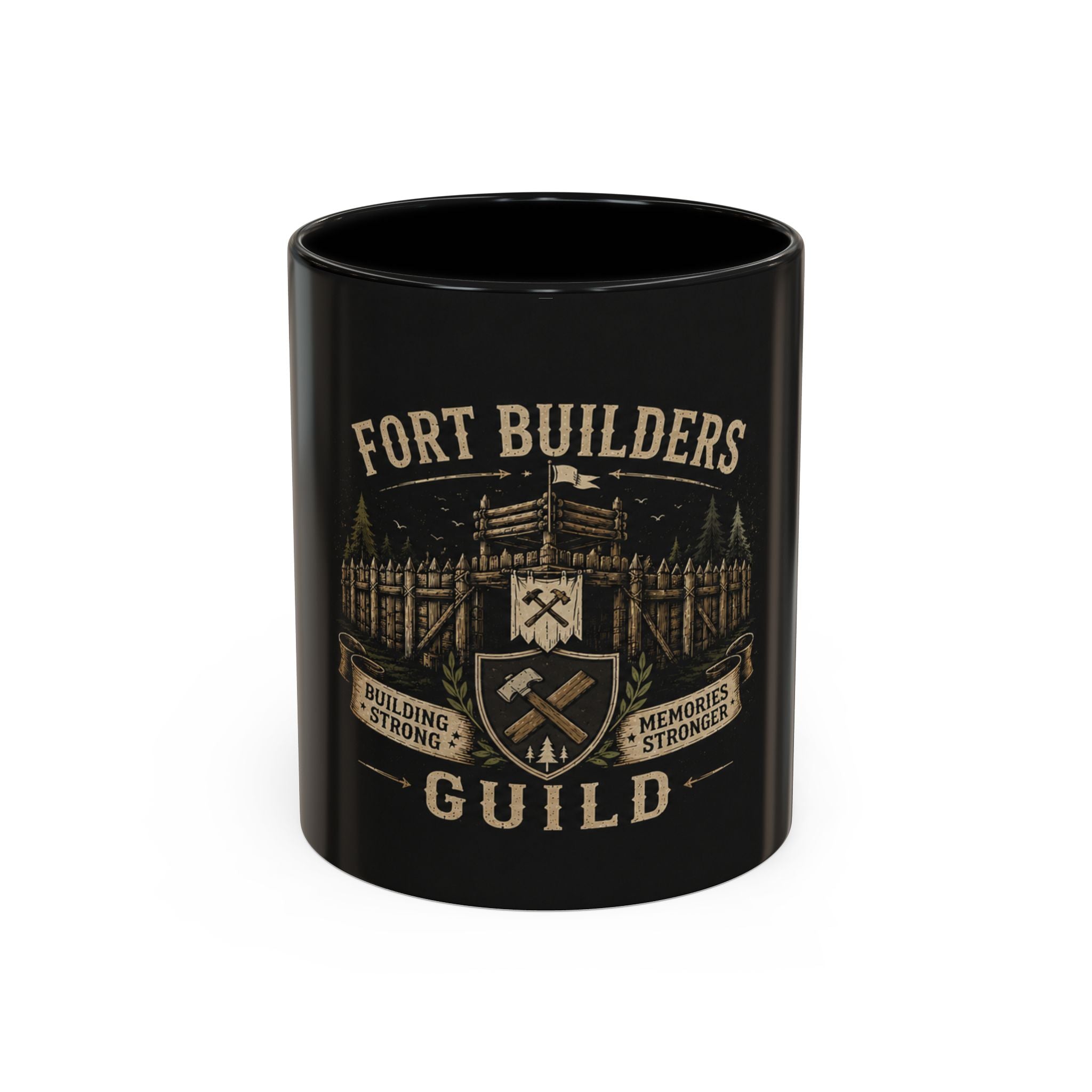 Fort Builders Guild Coffee Mug — Rustic Gamer Fort-Building Design (11oz)